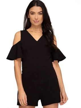Anthropologie Elevenses Black Cold Shoulder Romper Size 2 Petite